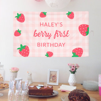 Strawberry Berry First 1st Cute Baby Pink Birthday Banner