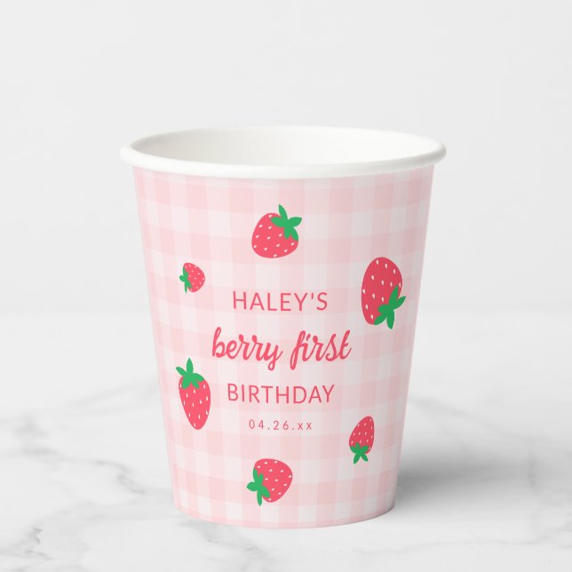 Strawberry Berry First 1st Cute Baby Pink Birthday Paper Cups (Front)