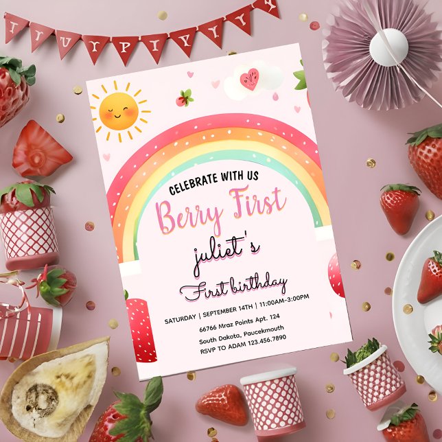 strawberry berry First 1st party birthday Invitation (Creator Uploaded)