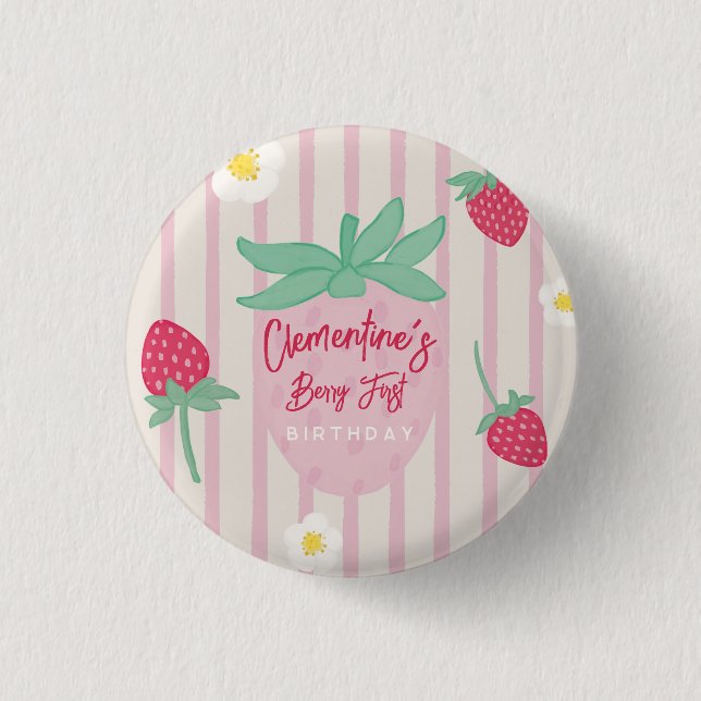 Strawberry Berry First Birthday  3 Cm Round Badge (Front)