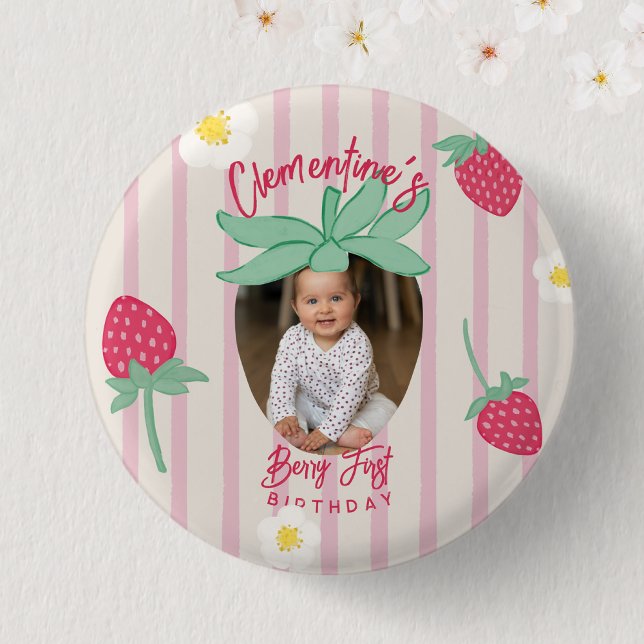 Strawberry Berry First Birthday Button with Photo (Creator Uploaded)