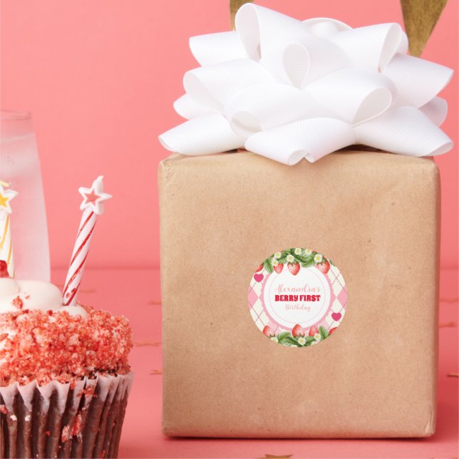 Strawberry Berry First Birthday Classic Round Sticker (Party)