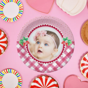 Strawberry Berry First Birthday Girl Party Photo Paper Plate