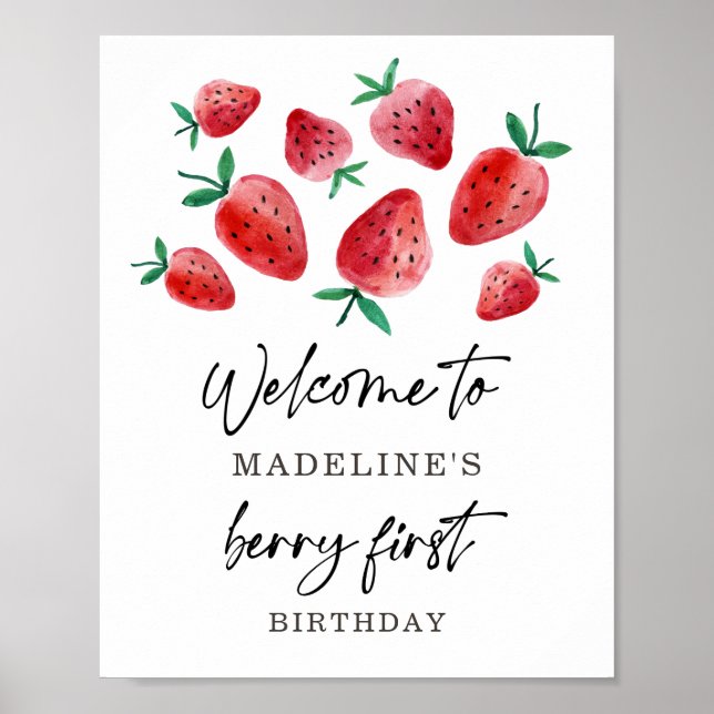 Strawberry Berry First Birthday Girl Sweet Welcome Poster (Front)