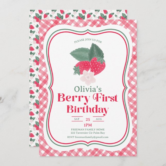 Strawberry Berry First Birthday Invitation (Front/Back)