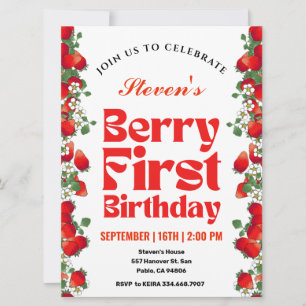Strawberry Berry First Birthday Invitation