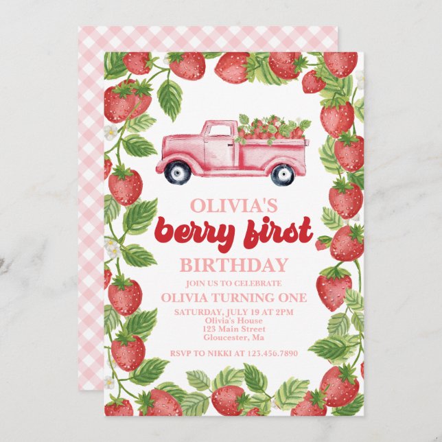 Strawberry Berry First Birthday Invitation (Front/Back)