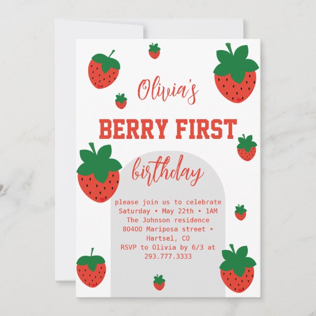 Strawberry Berry First Birthday Invitation (Front)