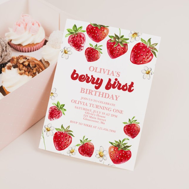 Strawberry Berry First Birthday Invitation (Creator Uploaded)