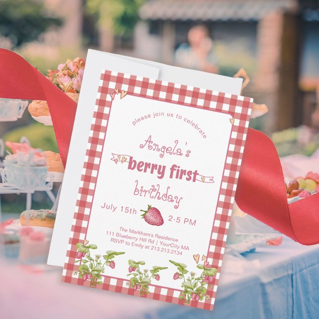 Strawberry Berry First Birthday Invitation (Strawberry themed 1st birthday. Cute portrait of your baby on the reverse, country gingham + fruit )
