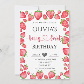 Strawberry Berry First Birthday Invitation