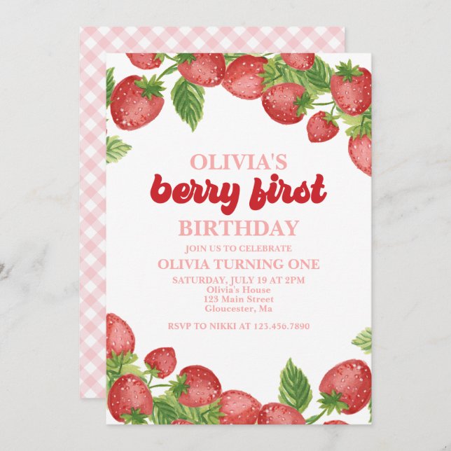 Strawberry Berry First Birthday Invitation (Front/Back)