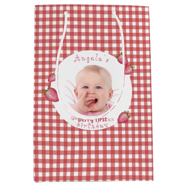 Strawberry Berry First Birthday Medium Gift Bag (Front)