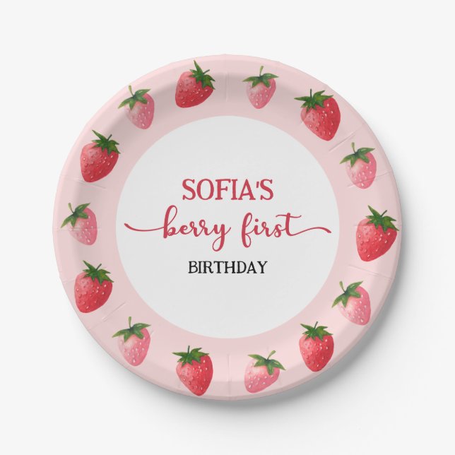 Strawberry Berry First Birthday Paper Plate (Front)