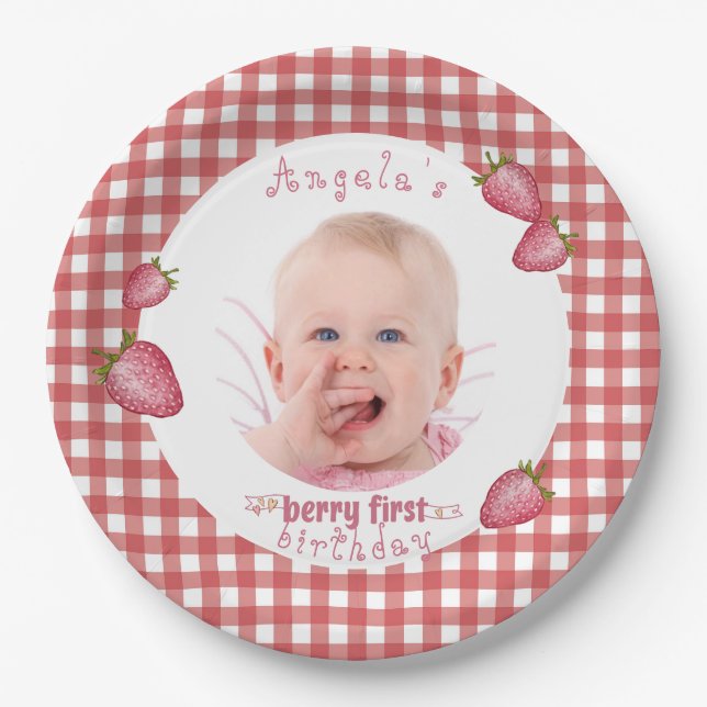 Strawberry Berry First Birthday Paper Plate (Front)