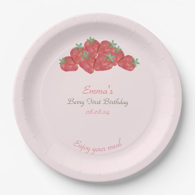Strawberry Berry first birthday  Paper Plate (Front)