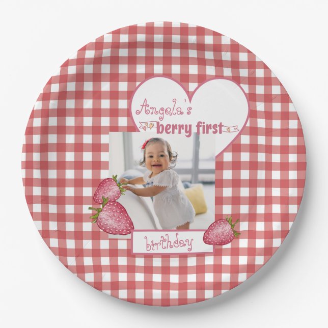 Strawberry Berry First Birthday Paper Plate (Front)