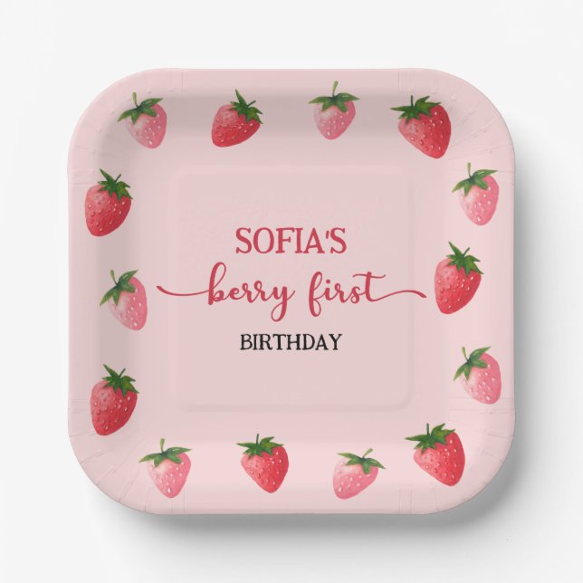 Strawberry Berry First Birthday Paper Plate (Front)