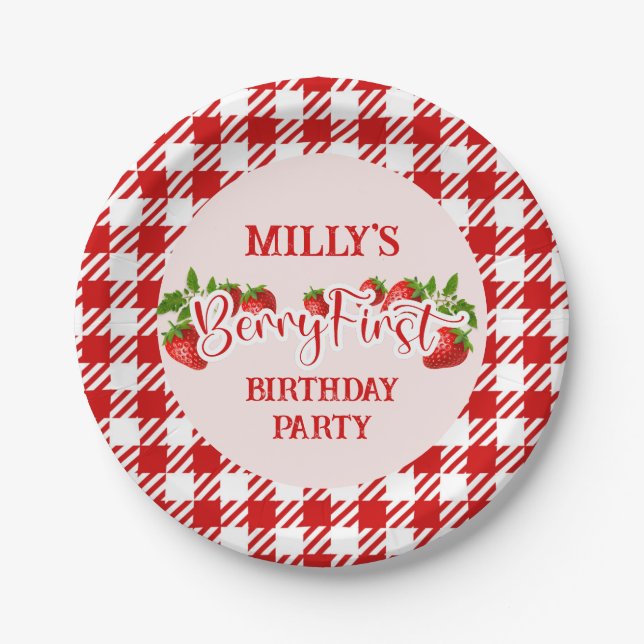 Strawberry Berry First Birthday Paper Plate (Front)
