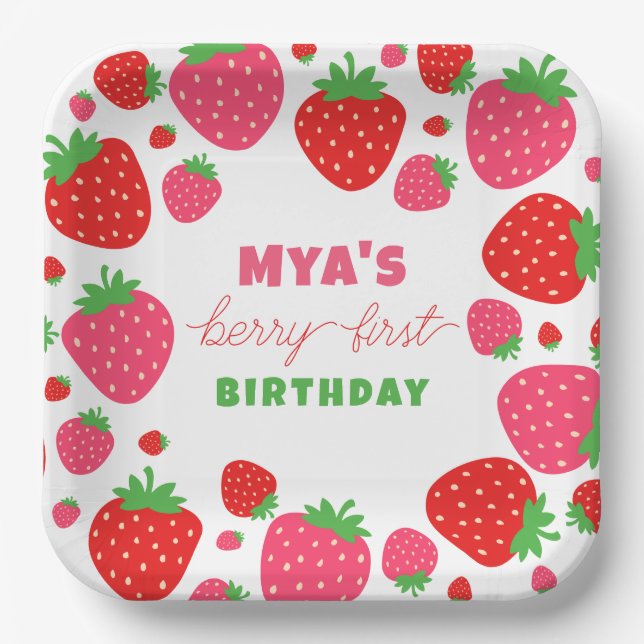 Strawberry Berry First Birthday Paper Plates (Front)