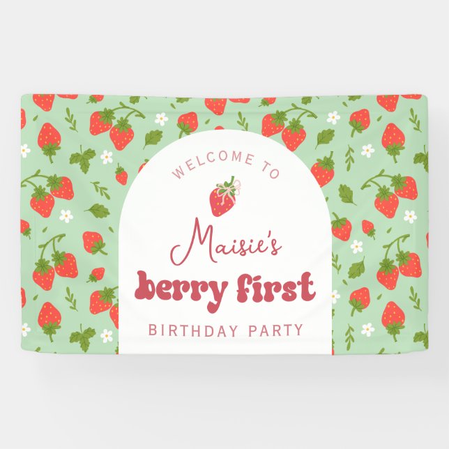 Strawberry Berry First Birthday Party Backdrop Banner (Horizontal)