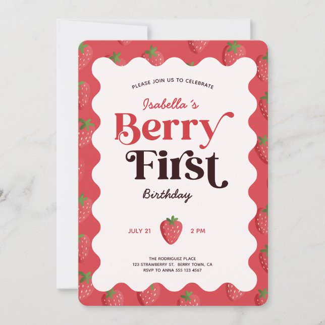 Strawberry Berry First Birthday Party Invitation (Front)