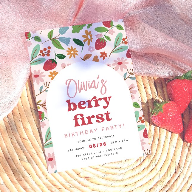 Strawberry Berry First Birthday Party Invitation (Card Front Mock-up)