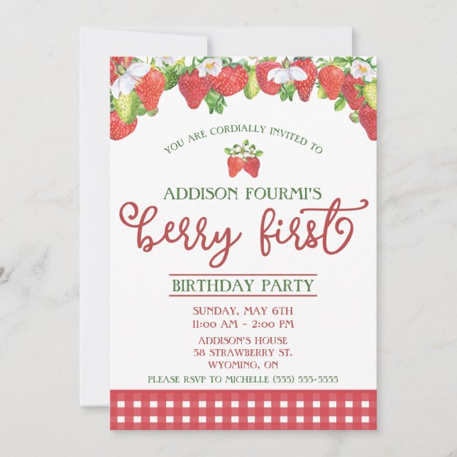 Strawberry, Berry First Birthday Party Invitation (Front)