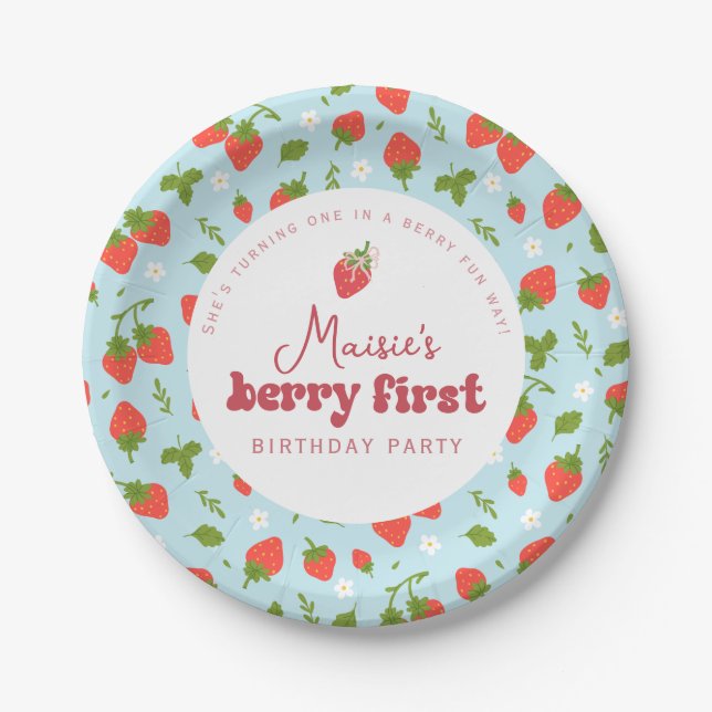 Strawberry Berry First Birthday Party Paper Plate (Front)
