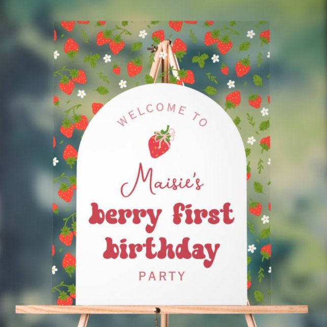 Strawberry Berry First Birthday Party Welcome Acrylic Sign (Creator Uploaded)