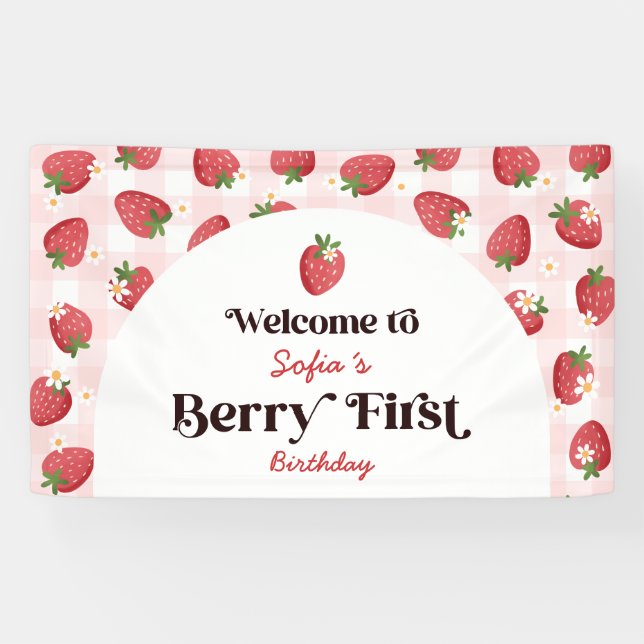 Strawberry Berry First Birthday Party Welcome Banner (Horizontal)