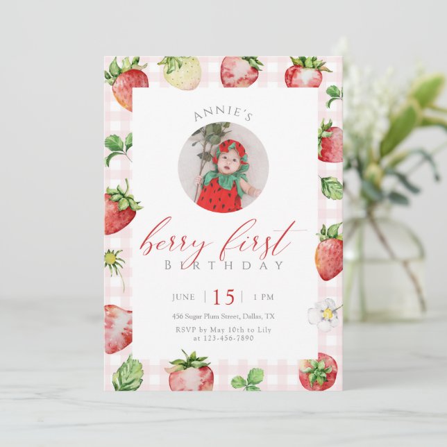 Strawberry Berry First Birthday Photo Invitation (Standing Front)