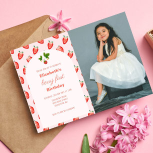 Strawberry Berry First Birthday Photo Invitation