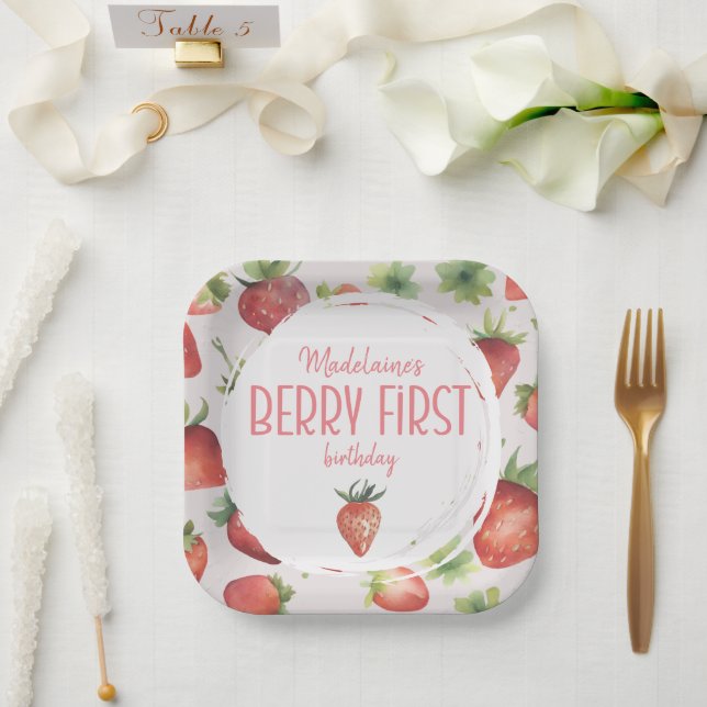 Strawberry Berry First Birthday Square Paper Plate (Wedding)