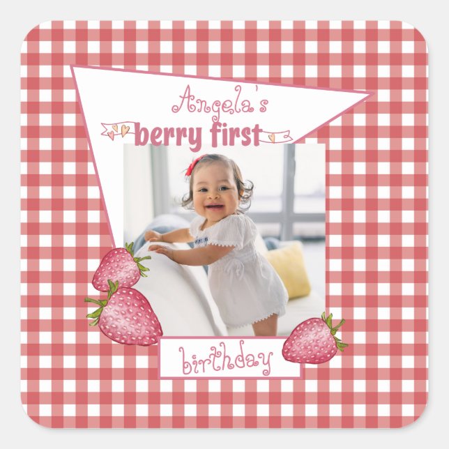 Strawberry Berry First Birthday Square Sticker (Front)