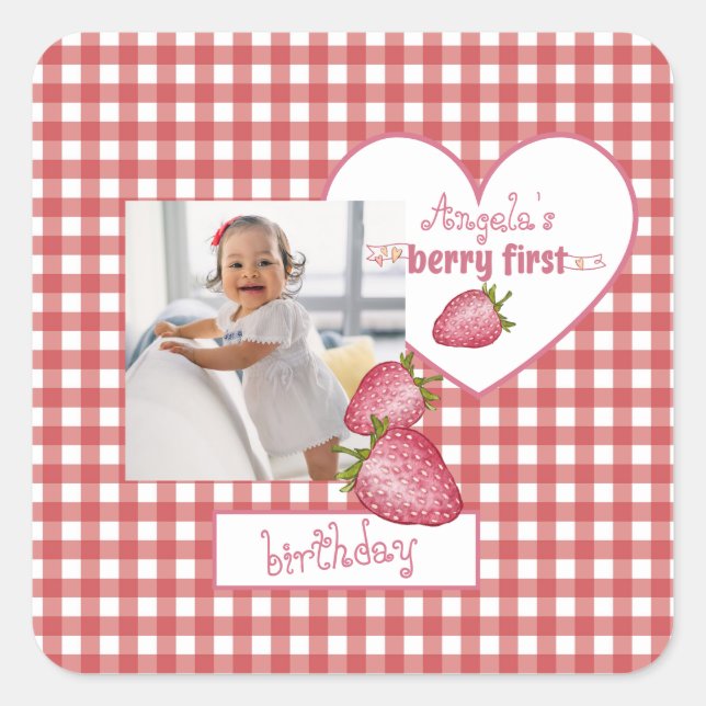 Strawberry Berry First Birthday Square Sticker (Front)