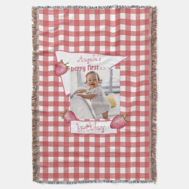 Strawberry Berry First Birthday Throw Blanket (Front Vertical)