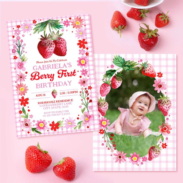 Strawberry Berry First Birthday Watercolor Photo Invitation (Strawberry Berry First Birthday Watercolor Photo Invitation)