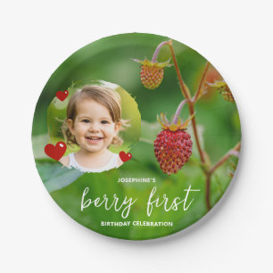 Strawberry Berry First Birthday With Child’s Photo Paper Plate