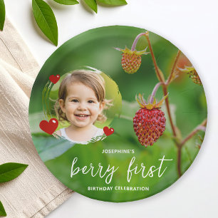 Strawberry Berry First Birthday With Child’s Photo Paper Plate