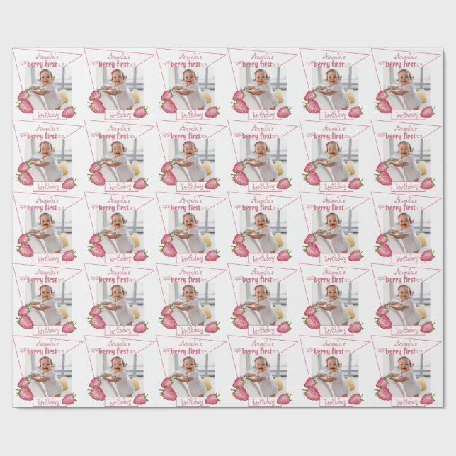 Strawberry Berry First Birthday Wrapping Paper (Flat)