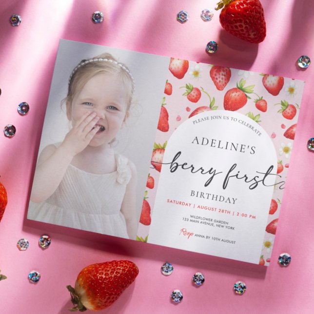 Strawberry Berry First Cute 1st Birthday Photo Invitation (Strawberry 1st Birthday Invitations Berry first birthday template digital or printed)