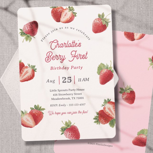 Strawberry Berry First Girl 1st Birthday Invitation (Modern Berry First-Strawberry Themed Girl 1st Birthday invitation for Spring Birthday party.)