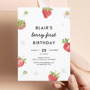 Strawberry Berry First Girl 1st Birthday  Invitation