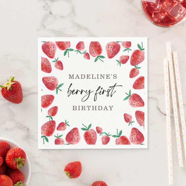 Strawberry Berry First Girl 1st Birthday Napkins (Insitu)