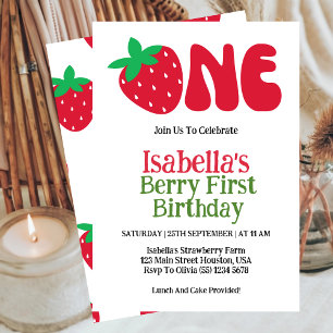 Strawberry Berry First Girl 1st Birthday Party  Invitation