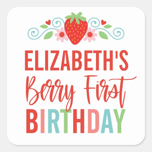 Strawberry Berry First Girl Birthday Square Sticker (Front)