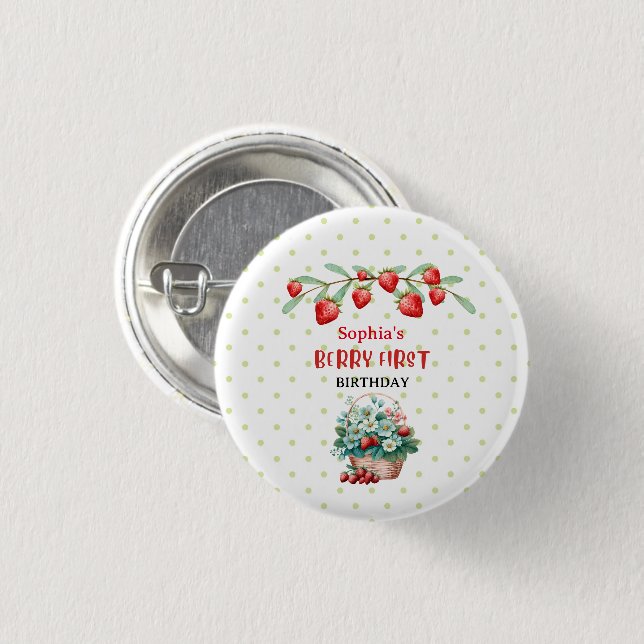 Strawberry Berry First Girls Personalised Birthday 3 Cm Round Badge (Front & Back)