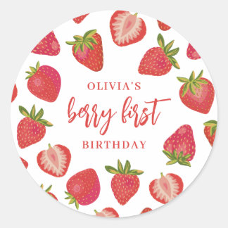 Strawberry Berry First Girls Personalised Birthday Classic Round Sticker