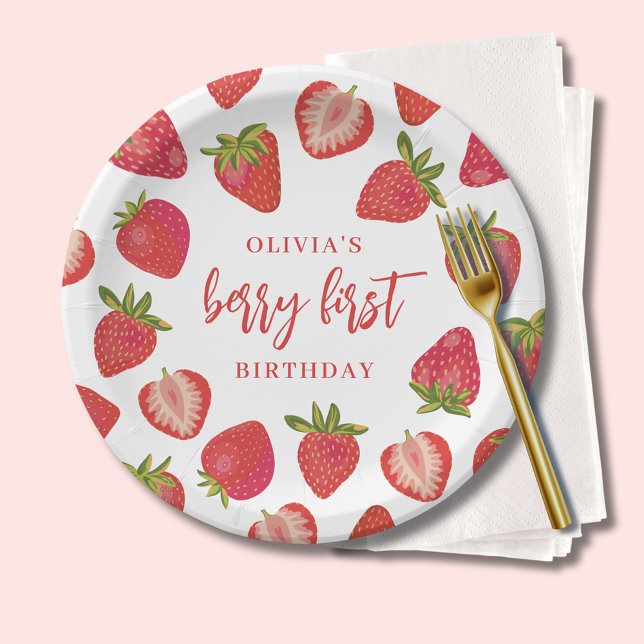 Strawberry Berry First Girls Personalised Birthday Paper Plate (Strawberry berry first birthday paper plates and matching party decor.)
